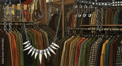 Clothing store offering vintage fashion items on hangers, arranged neatly. Vintage fashion apparel is displayed on multiple racks, inviting shoppers to browse and explore trendy garment.