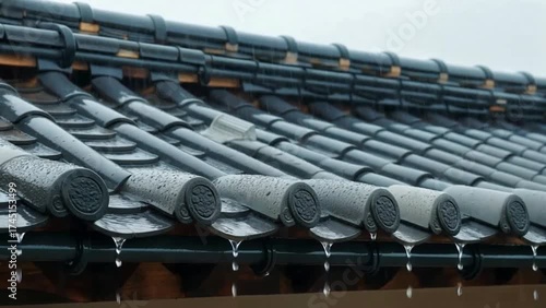 View the beautiful, classic pattern of a traditional Japanese tiled roof during a rain shower, watch as clear raindrops drip rhythmically from the sculpted