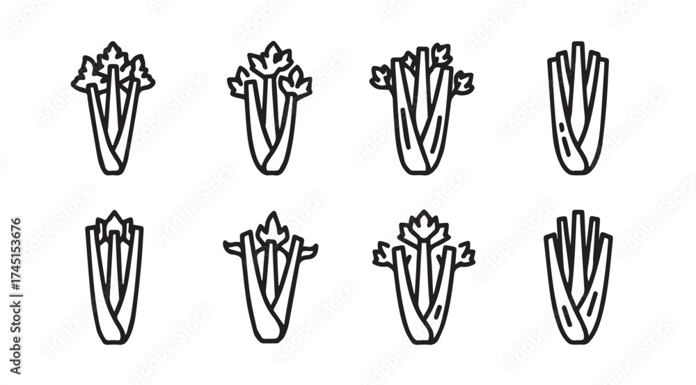 Fototapeta premium Eight stylized celery stalks in a clean line art composition ideal for food graphics vector