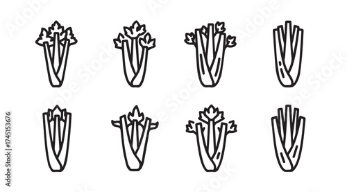 Eight stylized celery stalks in a clean line art composition ideal for food graphics vector