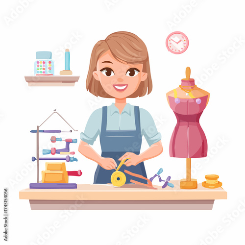 Woman tailor with sewing tools and mannequin
