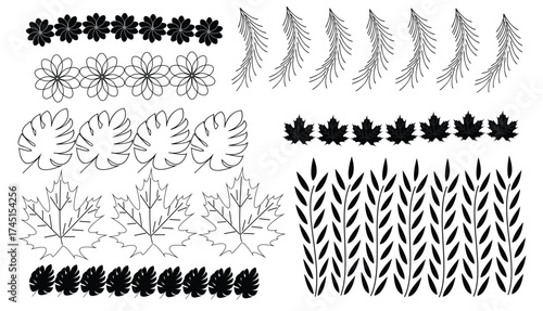 botanical leaf and flower border pattern vector design, floral and leaf outline border seamless illustration, decorative botanical pattern with leaves and flowers