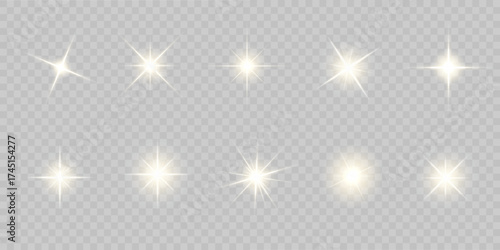 Golden sunlight flare with shining star and magical sparkle effect. Abstract bright beam design of radiant glow and luminous energy