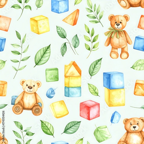 Watercolor Pattern Teddy Bears, Cubes, and Foliage