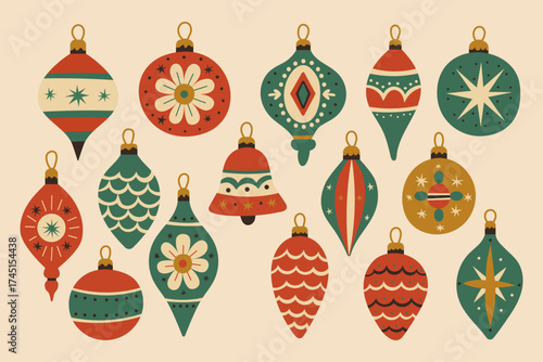 Vintage Christmas ornaments with retro baubles and holiday decoration for festive midcentury vector. Classic shapes for tree decor with red and green by hand drawn look. Great for cards.