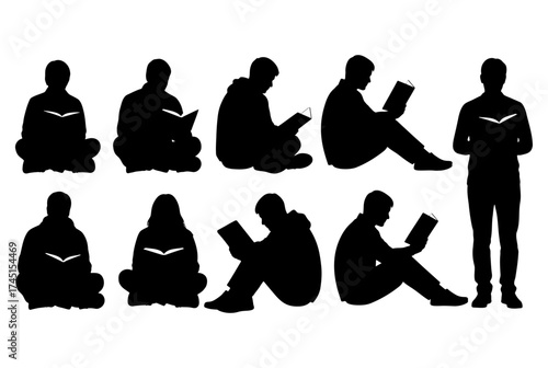 Silhouette Set of People Reading Books in Various Poses on White Background