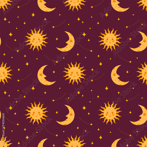 Charming cozy seamless pattern of a night sky with sun, moon, stars and shooting stars. Perfect for nursery room, bedtime decor, kids textiles, bedding, pajamas, print