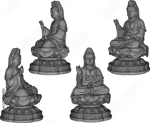 Vector sketch illustration silhouette design of the statue of the goddess Kwan Im, the most famous and highly respected Bodhisattva in Mahayana Buddhism