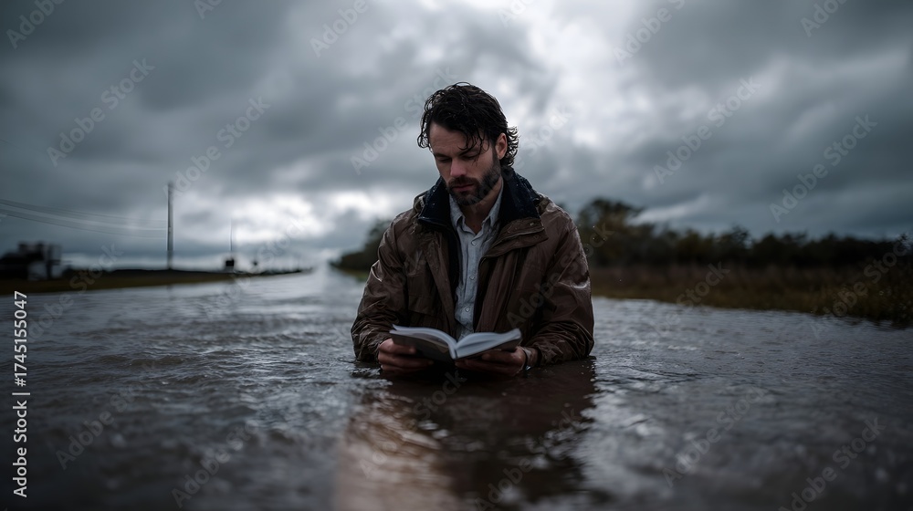 Fototapeta premium A solitary man reads a book while standing in a flooded landscape under a stormy cloudy sky