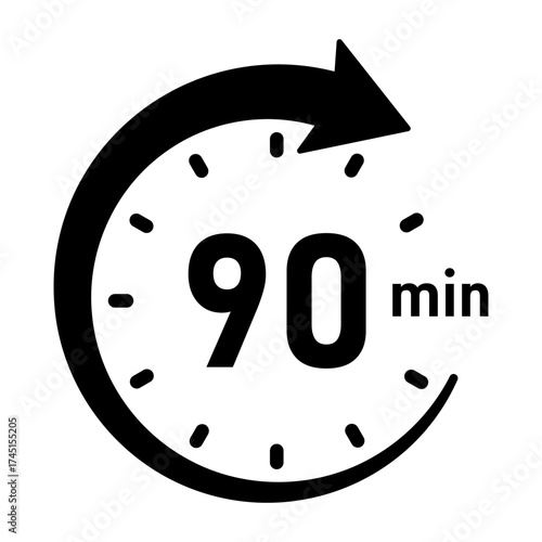 90 Minute stopwatch or timer icon. 90 Minutes clock face countdown	