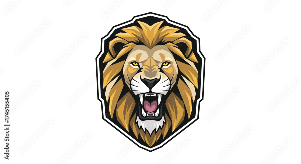 Obraz premium A majestic, golden-brown lion head with a full mane, depicted in a powerful, illustrative style, framed within a hexagonal shield on a solid black background.