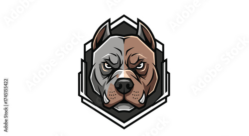 A fierce-looking pitbull dog head with a grey and brown face, set within a geometric shield emblem.