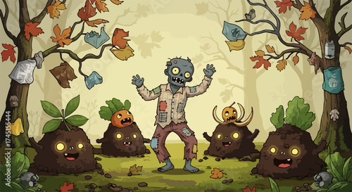 Halloween zombie dance in autumnal scene with fun monsters in background. Halloween zombie dance with cartoonish undead in the woods, surrounded by enchanted soil creatures.