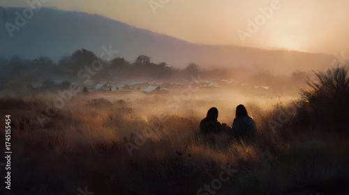 Two figures sit in tall grass observing a misty village nestled in a valley at golden hour