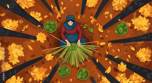 Woman weaves mat in forest surrounded by yellow leaves. Woman weaves in woodland area. Handmade mat, woman weaves outdoors on ground with fallen leaves. Concept woman weaves for traditional crafts.