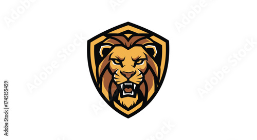 A detailed illustration of a lion's head inside a shield, showcasing a fierce expression.