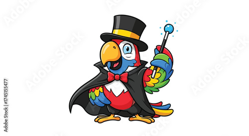 Cartoon parrot magician with top hat, cape, and magic wand, isolated on white background.