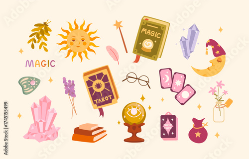 Cute magical witchcraft set with tarot cards, spell book, herb, moon, crystals, sun. Bright cozy illustration for mystic design, stickers, posters, greeting cards, and Halloween decor