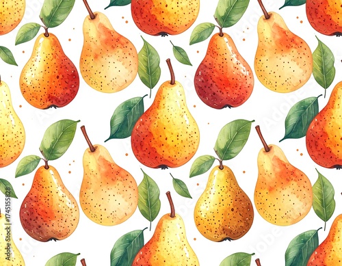 Watercolor pear pattern on white background