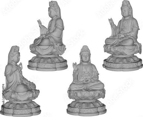 Vector sketch illustration silhouette design of the statue of the goddess Kwan Im, the most famous and highly respected Bodhisattva in Mahayana Buddhism