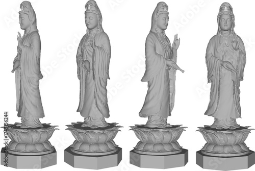 Vector sketch illustration silhouette design of the statue of the most famous and highly revered Bodhisattva goddess Kwan Im in Mahayana Buddhism standing on a lotus