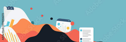 abstract colorful layered hill shapes with floating digital business finance document icons on blue background flat design banner vector illustration