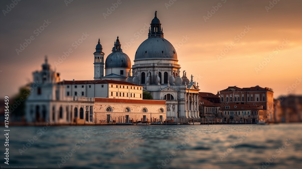 Fototapeta premium The basilica stands by the Venice canal, its basilica dome highlighted by sunset colors. Reflections on the canal water capture the basilica grandeur beneath the evening sky.
