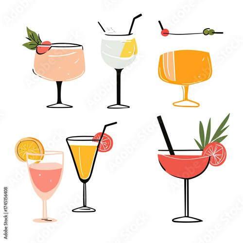 Minimalist vector illustration of six colorful cocktails with garnishes in various glassware on white background for party and beverage themes