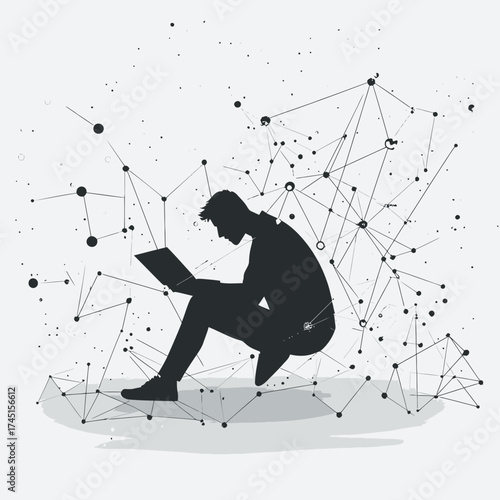 Silhouette of seated man using laptop surrounded by abstract geometric network of connected dots and lines digital technology concept vector illustration
