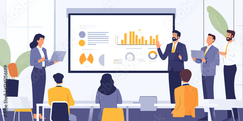 Business team meeting presenting infographic data with charts and graphs on projector screen in modern office workspace vector illustration