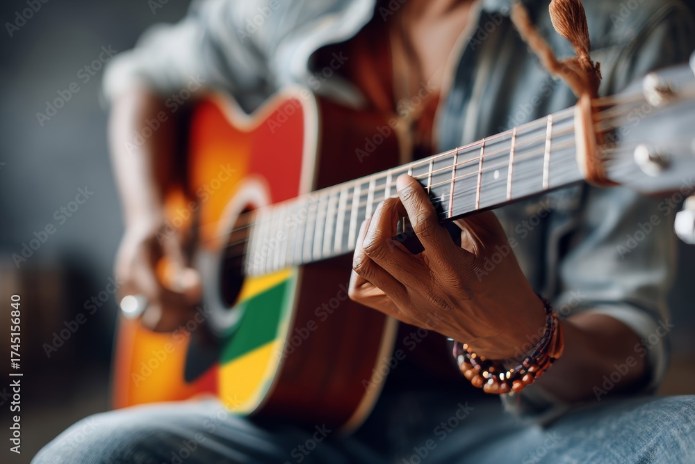 Obraz premium Close up of acoustic guitar with Brazilian flag decoration, showcasing vibrant colors and intricate details, highlighting musical artistry and cultural expression