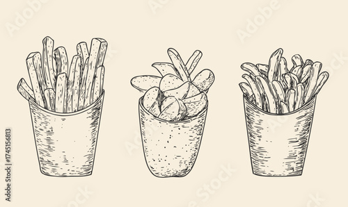 Hand drawn vintage style illustration of three different types of fried potato snacks including French fries thin and thick cut with potato chips in separate containers on neutral background
