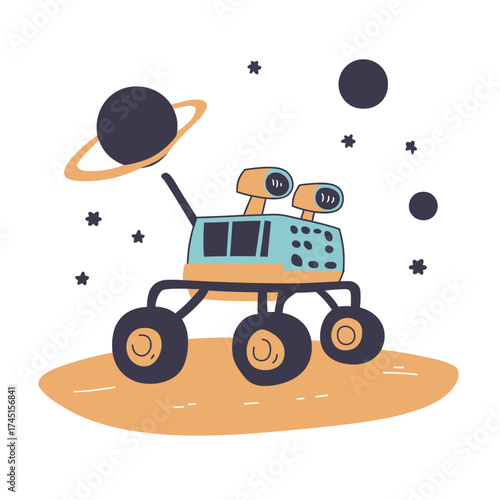 Cartoon style space rover exploring alien planet surface with planets and stars background flat vector illustration science technology concept for kids