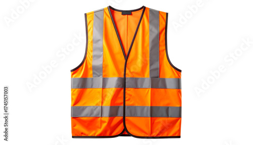 bright orange safety vest with yellow reflective stripes for workers or cyclists isolated on solid white background in Png
