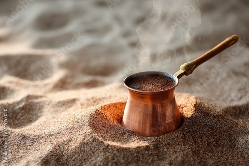 Cezve filled with freshly brewed Turkish coffee sits in warm sand, steam rising, showcasing rich textures and inviting aroma, perfect for coffee lovers and culinary enthusiasts