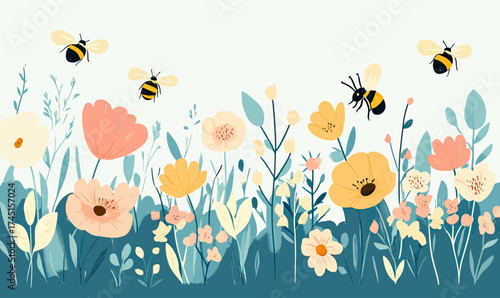 Colorful blooming wildflowers meadow with flying bees and green foliage in flat minimalist vector style spring summer garden illustration