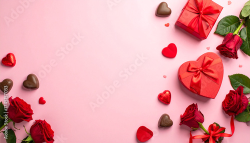 Romantic Valentine's Day composition with vibrant red roses, heart-shaped gift boxes, and chocolates on a soft pink background, perfect for expressing love and celebration