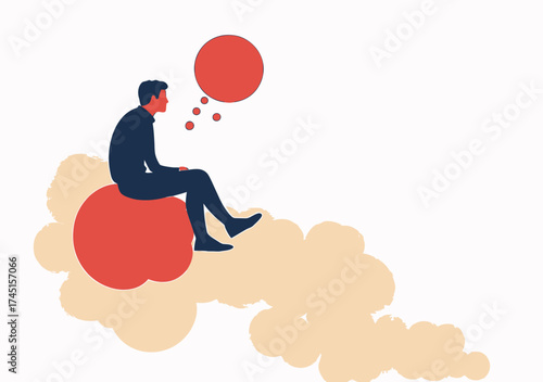 Businessman sitting on large red thinking bubble lost in thought with smoke cloud background in flat minimalist style vector illustration for contemplation concept