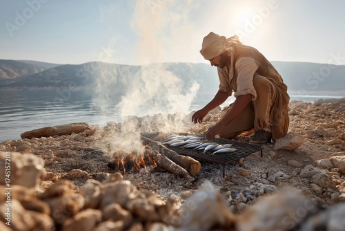 North African fisherman prepares fresh fish over an open fire, surrounded by natural landscape, showcasing traditional cooking methods and cultural heritage