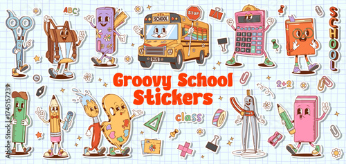 Cartoon groovy school education characters stickers pack. Cute school supplies and stationeries vector personages. Retro groovy hippie book, pencil and ruler, calculator, bag, paint and bus characters