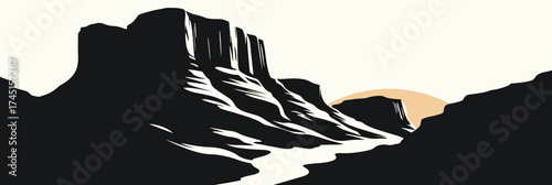 Minimalist silhouette of canyon cliffs with winding river and setting sun horizon flat landscape vector illustration design