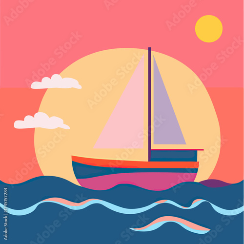 Flat minimalist vector illustration of colorful sailboat on stylized sea waves at sunset with sun and clouds peaceful nautical travel concept