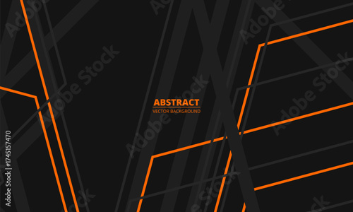 Black abstract modern background with gray and orange geometric lines and outlines. Vector illustration