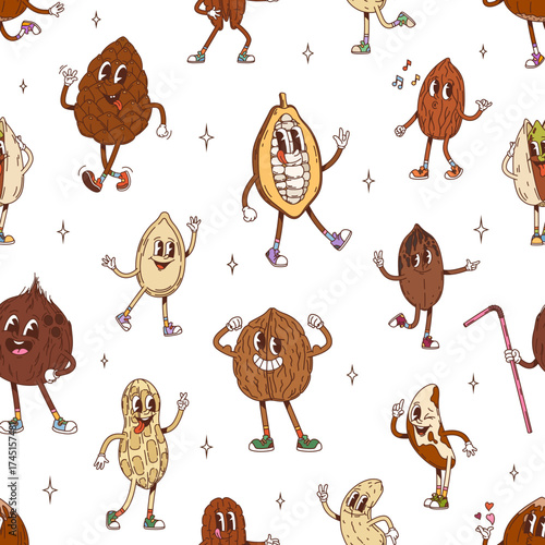 Cartoon groovy nut and seeds character seamless pattern. Fabric vector pattern, textile groovy seamless backdrop with cacao bean pod, almond coconut and walnut, brazil nut, cashew groovy personages