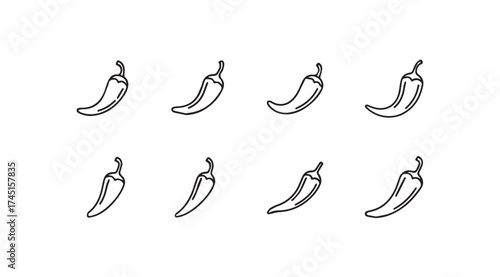 Set of hand-drawn outline chili peppers in various positions food ingredient art vector