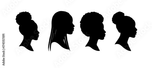 Stylish collection of Afro girl silhouettes featuring different natural hairstyles including braids, curls, buns, and afros. Black female beauty and diversity concept illustration perfect for fashion 