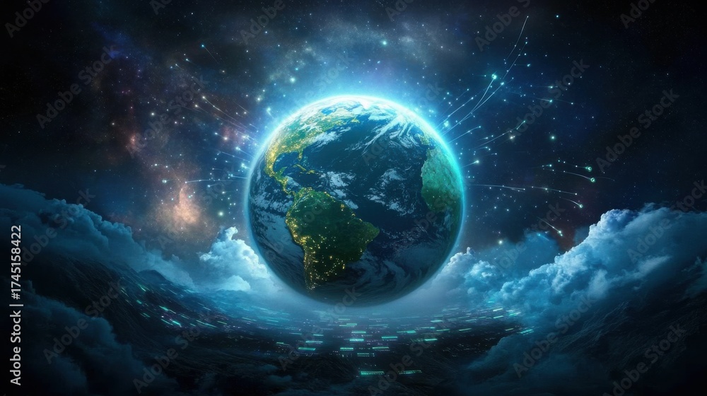 Fototapeta premium Planet Earth viewed from space with mystical light streaks