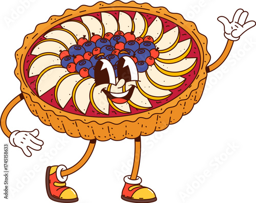 Cartoon groovy apple pie character or bakery sweets or pastry dessert, vector personage. Funny groovy pie cake with fruits and berries with funny face and happy smile as retro groovy pastry character
