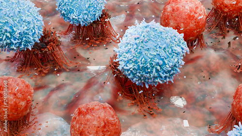 body immune response viral infection, lymphocytes, Cancer Immunotherapy, T cell and B-cell immune system fighting viruses, flagella, Dendritic or cancer tumor cells, Bacteria, 3d render