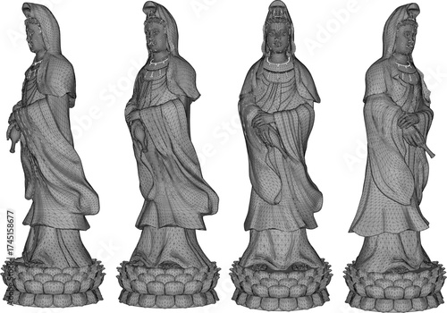 Vector sketch illustration silhouette design of the statue of the most famous and highly revered Bodhisattva goddess Kwan Im in Mahayana Buddhism standing on a lotus